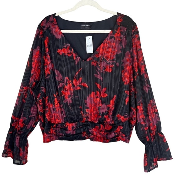 Lane Bryant Floral Metallic Threading Top Black Red Smocked Waist V-Neck NWT - Picture 4 of 13
